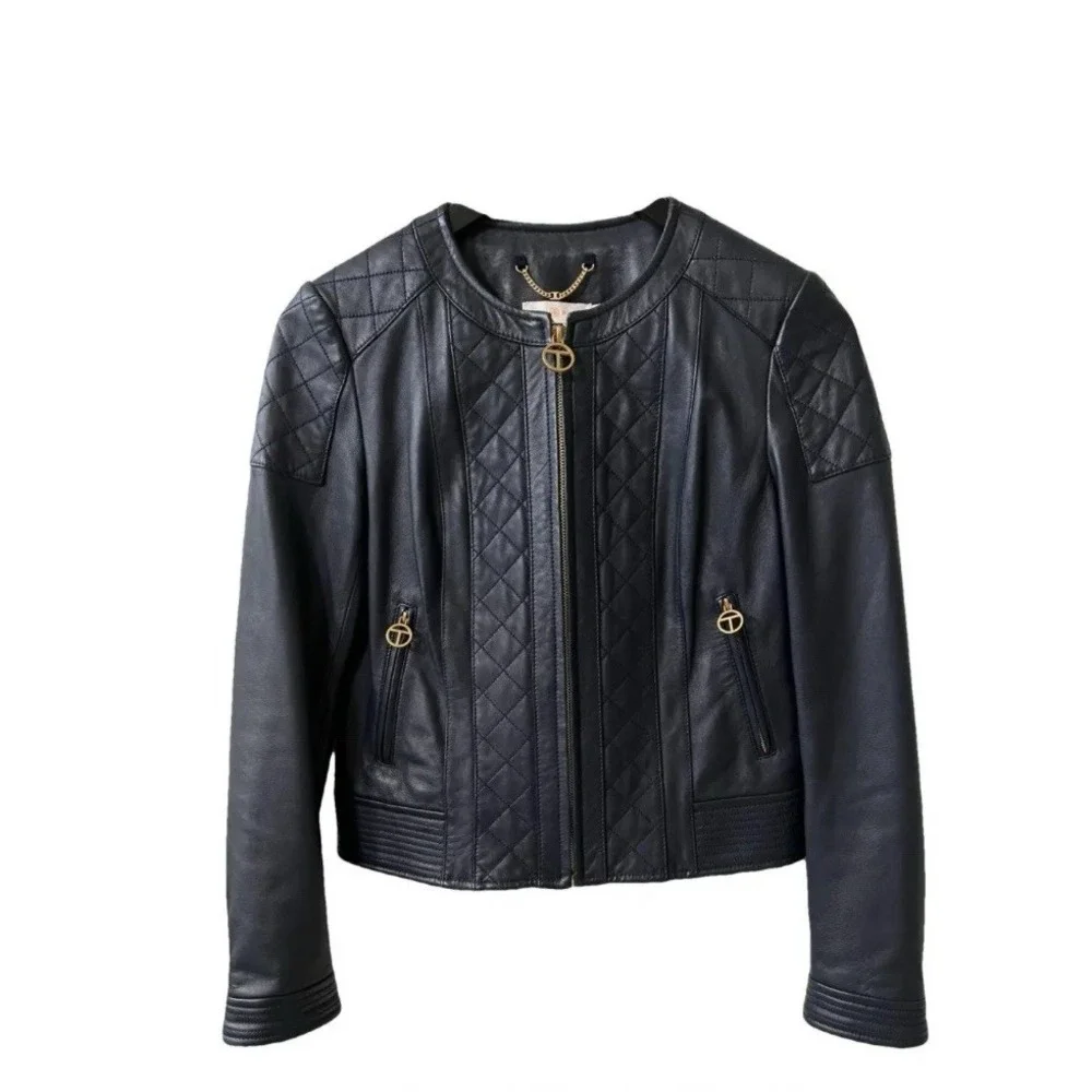Tory‎ Burch Ryder Leather Jacket Soft Moto Gold Zip Sz-Lg Dark Navy NEW Rt 998$